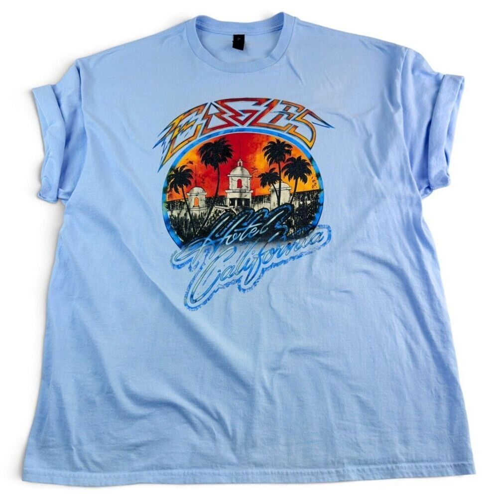eagles hotel california graphic band t shirt blue palm trees 2xl concert tee